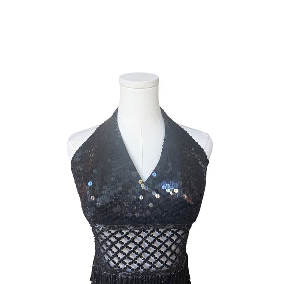 VTG Y2K Nite Way Sequin Prom Dress 8‎ Cut Out Fringe Mesh Mini Bodycon Cocktail - Picture 3 of 10